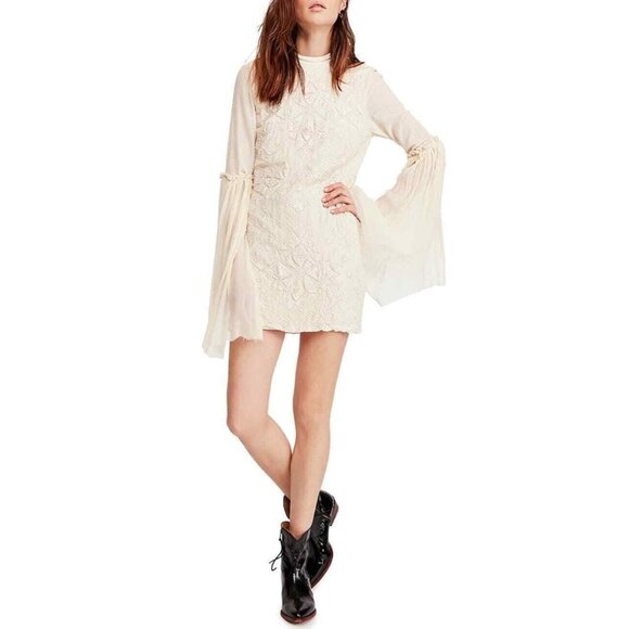 Free People Womens Dress Cleo Tonal Embroidered Mini Long Bell Sleeve Size 4 NEW - Picture 1 of 7